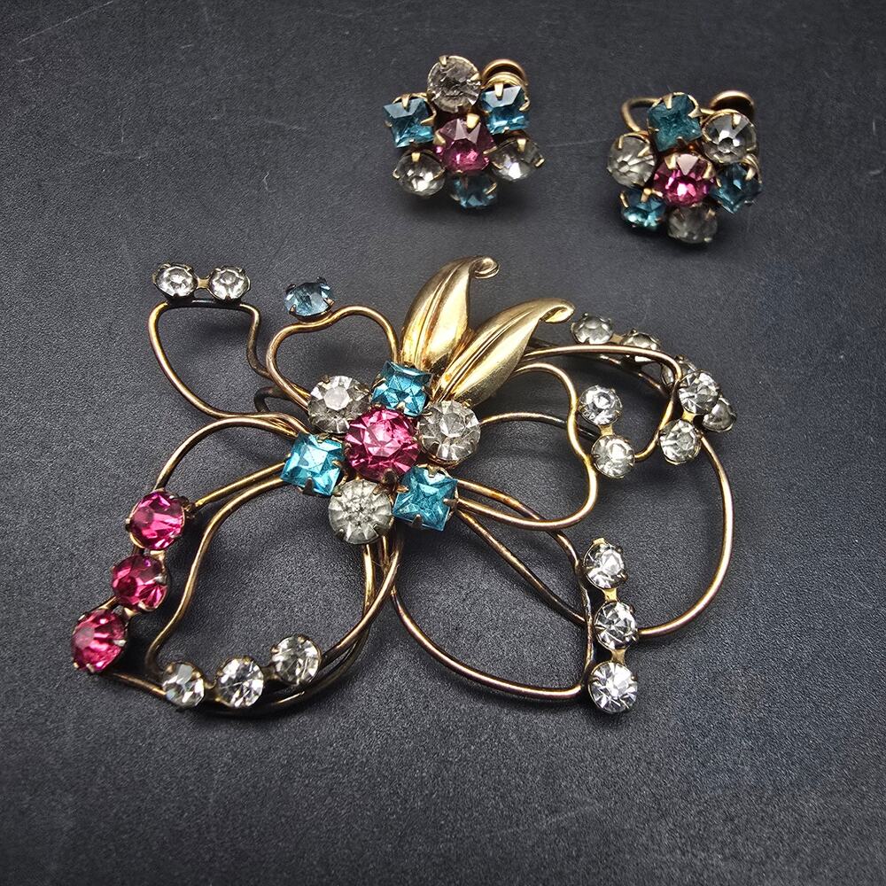 Harry Iskin 12K Gold Filled Brooch Earrings Set Pink Blue Rhinestones